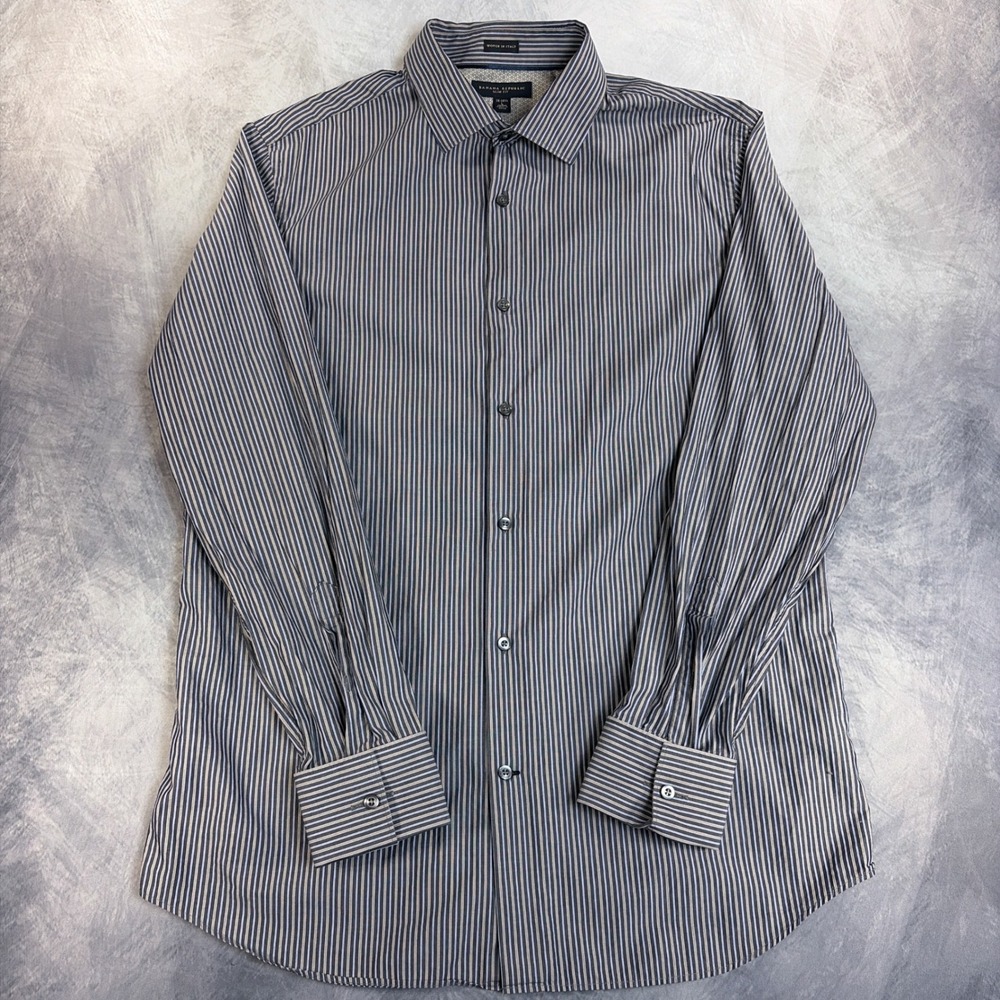 Banana Republic Button Down Shirt Mens L Grey Striped Slim Fit Italian Fabric